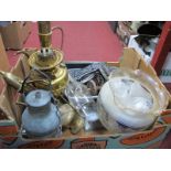 An Oil Lamp, Indian brass flagon's, cast model, wheels for a model train, VW car hub badge etc:- One