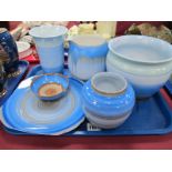 Shelley Vases, jug, plates and bowl in blue spiral/circle decoration six pieces:- One Tray.