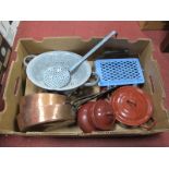 Two Ironed Handled Copper Pans, enamelled colander, ladle, pans, etc:- One Box.