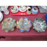 Green Lustre Carnival Glass Ware Dishes, featuring peacocks, berries and stylized flowers. (3)