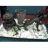 Chinese Style Bronze Dragon Candlestick, Chinese censor and a Chinese white metal vase:- One Tray