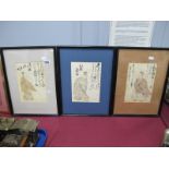 Oriental - Japanese Prints, each with male figure in costume, hand coloured with text above and to