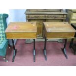 A Pair of Oak Individual School Desks, on black metal supports, 59cm wide.