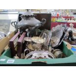 A Silver Plated Ornate Desk Stand, tea urn, tankards, cake basket, trays, fish knives and forks