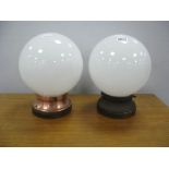 A Pair of Early XX Century Globular Ceiling Lamps, with opaline white shades and copper/wood