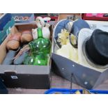 Flagon, Dutch clogs, fly whisk, green bottles:- One Box. Two ladies hats in box.