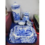 A Spode Italian Design Blue White Tureen, tea pot, cram jug, sugar bowl, cylindrical shaped jar-