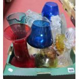 Glass Decanters, water jug, blue glass brandy glasses, vase etc:- One Box