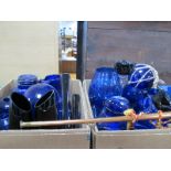 Blue Glassware, Copper coaching horn, St Andrews Whiskey bottles, etc:- Three Boxes