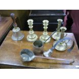 Brass Handbell, pair of brass candlesticks, pair of brass chambersticks, copper measures, servants