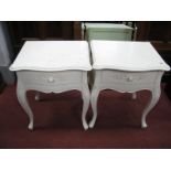 A Pair of French White Painted Bedside Chests, each with single drawer on sabre legs, 51cm wide.