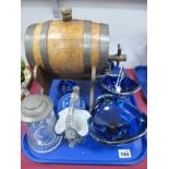 A Coopered Barrel, on stand, blue glassware etc:- One Tray