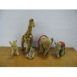 Hermann Gold Plush Giraffe, 26cm high, two elephants together with unlabelled lamb and teddy with