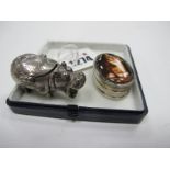 An Oval Silver Patch Box, stamped 925 with ceramic inset of cat to lid, approximately 4 x 3cm. white