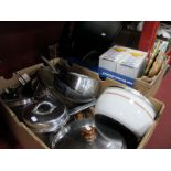 Pans, Casserole. Samsung TV with remote (untested sold for parts only), glassware etc:- Two Boxes.