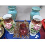 A Pair of XIX Century Glass Vases, with painted floral decoration, 1920's glass tray, candlesticks