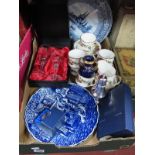 Olri Apple, Elkington hip flask, sugar castor, Coco Cola glasses, Roses tea ware, vase, Blue & White