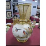 A Royal Worcester China Bulbous Vase, circa 1900, the body hand painted with finches on branch and