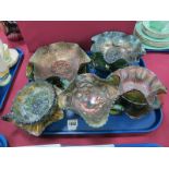 Green Lustre Carnival Glass Ware Dishes, featuring fruit, symmetry and flowers. (11):- One Tray