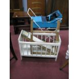 Mid XX Century Dolls Pram, in turquoise vinyl and white painted frame, cot, pine clothes rack and