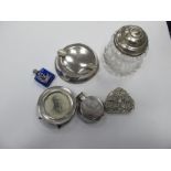 A Small Circular Silver Hallmarked Picture Frame, silver ashtray and sugar sifter; plus various