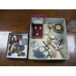 Two 18ct Rolled Gold Rings, silver ring, watch heads including 'Services', badges, medallions and