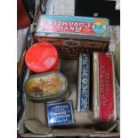 Vintage Tins, including Anvil Toffee, Huntley & Palmer Post Box, Mazzawatte Tea. (6)