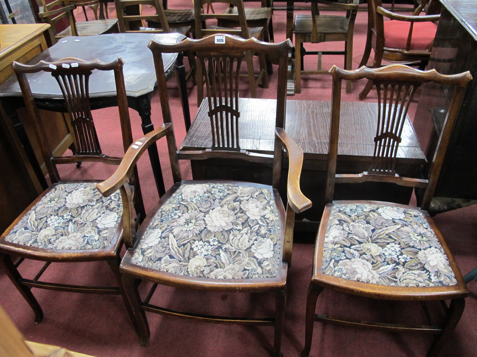 A Pair of Early XX Century Beech Parlour Chairs and Matching Armchair, each with pierced splay