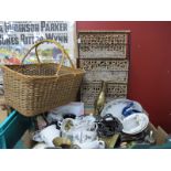 Old Foley Storage Jars, Royal Doulton part tea service, wicker basket, wicket baskets in a stand. (