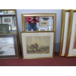 Rectangular Bevelled Wall Mirror, in gilt frame, 88.5 x 63cm overall, Hans Heysen colour print. (2)