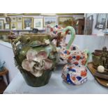 A Late XX Century Ironstone Jug and Bowl, smaller jug, jardiniere.