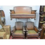 1920's Oak Leather Three Piece Suite, with shaped arms, cup cover supports.