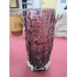 Whitefriars Amethyst Bark Design Glass Cylindrical Vase, 19cm high, 8cm diameter.