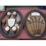 A Pair of Oval Shaped Contemporary Golf Display Plaques, showing vintage golf clubs and balls, 33.