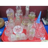 XIX Century Decanter, glass flutes, bottles, etc:- One Tray