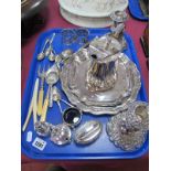 A Pair of XIX Century O.S.P. Candlesticks, plated condiment set, plated salvers and engraved jugs,