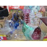 Decanter, Dishes, Drinking Glasses, Bells, six x 50p pieces, etc:- One Box