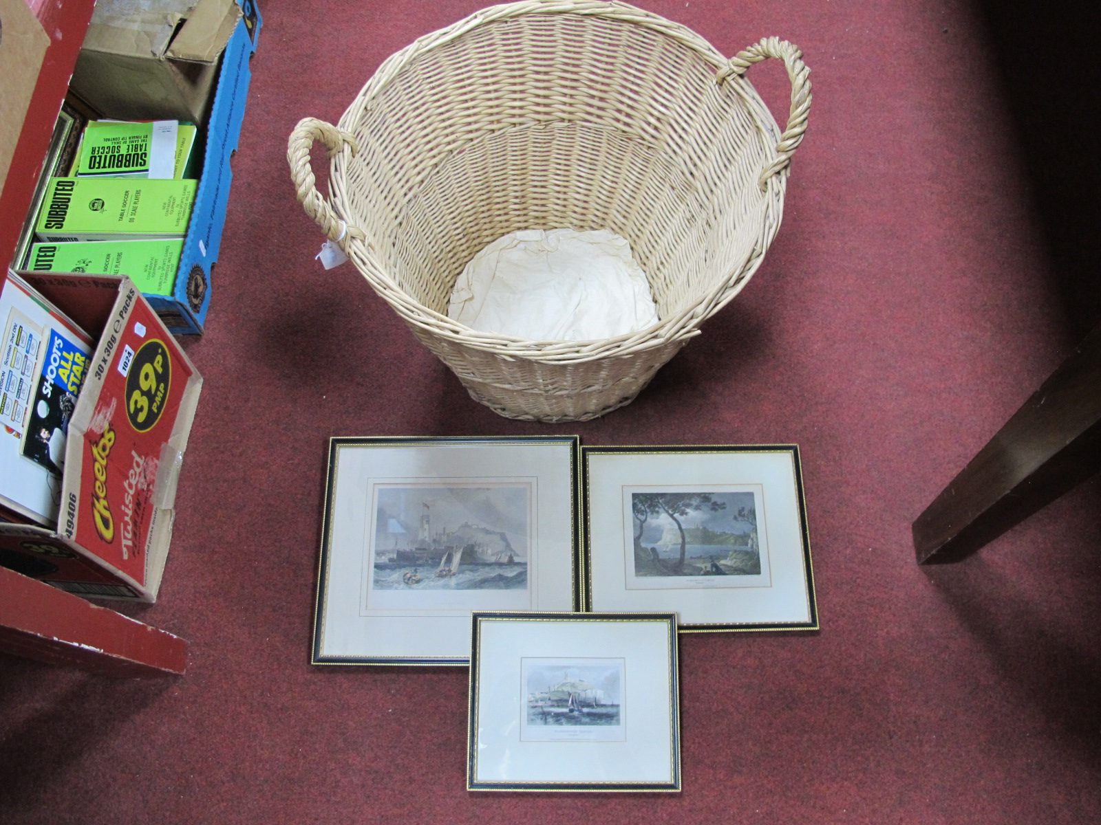 Wicker Log Basket, three Scarborough theme prints.