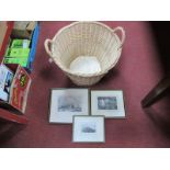 Wicker Log Basket, three Scarborough theme prints.
