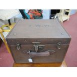 A Victorian Cube Shaped Hat Box - canvas/leather with red silk lining, two brass triangular '