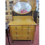 Early XX Century Light Oak Dressing Table, with a oval mirror, two small drawers, two long