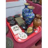 Brass Box, with enamelled bands, Cloisonné vases, alabaster ashtray, etc:- One Tray