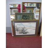 A Chinese Watercolour, glazed and framed 38cm x 57cm, with a "Great Wall" embroidery glazed and