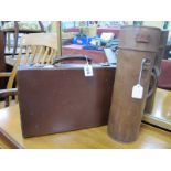 A Small Vintage Leather Case, 40cm wide; plus a similar period leather tube holder, 13cm