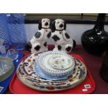 XIX Century Meat Plates, ribbon plates, pair of XIX Century Staffordshire dogs:- One Tray
