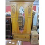 Early XX Century Light Oak Wardrobe, with a oval mirror, long drawer, plinth base, 198cm high.