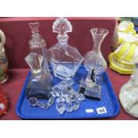 Art Deco Black & Clear Glass Scent Bottle, other scent bottles (chips noted), stoppers:- One Tray