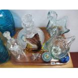 A Ships Decanter, ship in bottle glass fish, swan bowls, paperweights:- One Tray