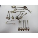 Six Hallmarked Teaspoons, 1897 continental silver spoons, stamped 925, sugar tongs, silver pusher.