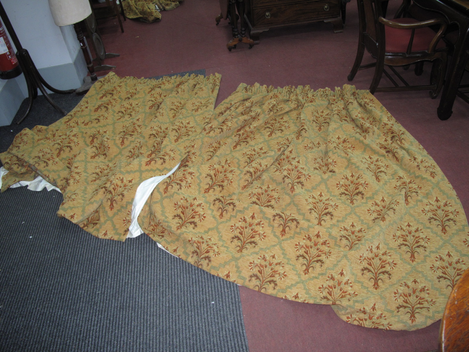 Curtains - Good Quality Heavy Chenille Curtains, with a floral design on mustard ground, lined, - Image 2 of 8